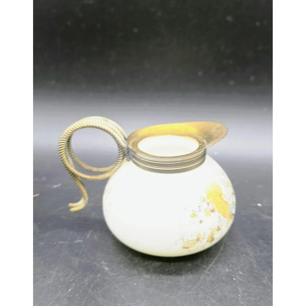 Antique CF Monroe Co Creamer Mini Pitcher Glass Blue Flowers Gold Scroll
